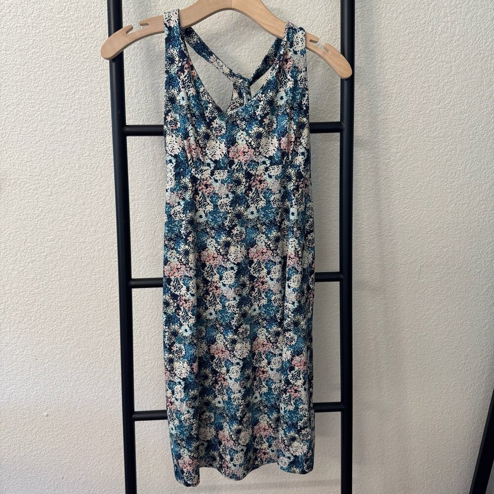 Patagonia Teal Blue Floral Mini Dress with Pink and White Accents